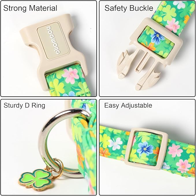 DOGWONG St. Patrick Dog Collar, Comfortable Adjustable Green Clover Pattern Dog Collar for Large Male Female Dogs,XL