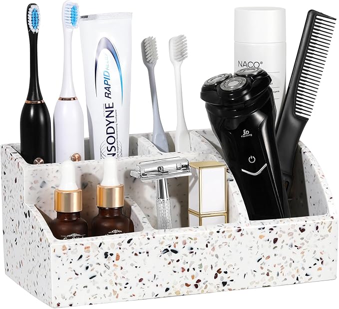 Luxspire Bathroom Counter Organizer, Toothbrush Holder for Bathroom 5 Slot, Large Bathroom Countertop Organizer Storage Bathroom Accessories for Toothbrush Toothpaste, Terrazzo