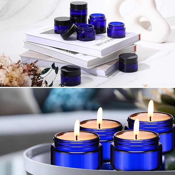 Domensi 100 Pcs 1 oz Glass Jars with Lids Bulk Round Glass Cosmetic Jars for DIY Lip Balm Small Travel Containers with Inner Liner for Lotions Powders Ointments Sample Cream(Cobalt Blue, Black)