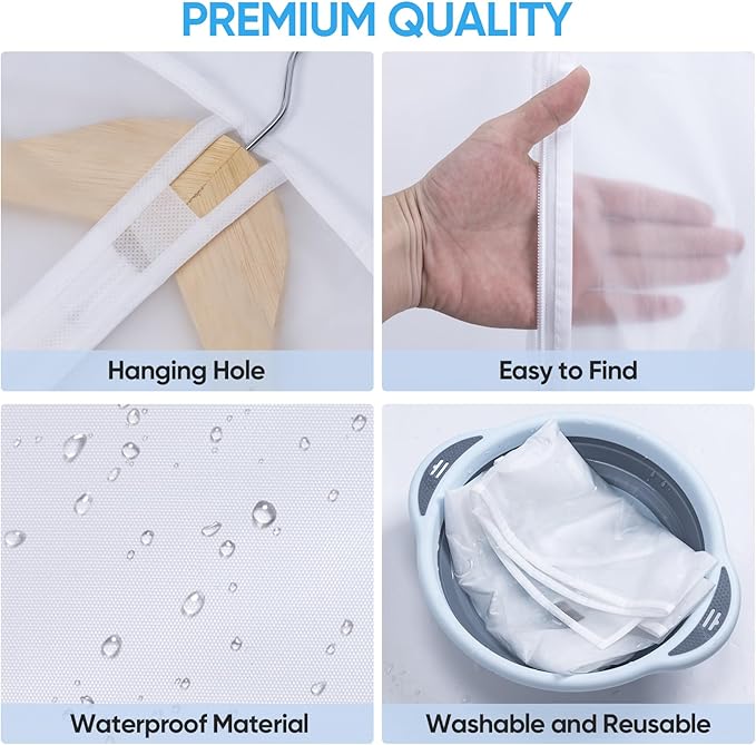 BALEINE 48'' Translucent Garment Bags, 6 Packs PEVA Dress Bag for Closet Clothes Dresses Suit Coats Storage (White, 6PK)