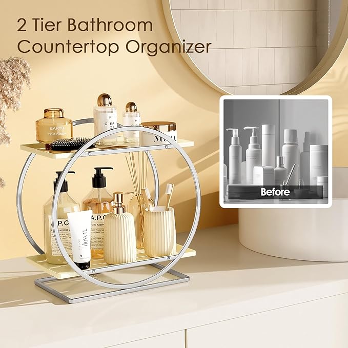 Perfume Organizer for Dresser, 2-Tier Bathroom Counter Organizer, Elegant Makeup Organizer for Vanity, Multi-Purpose Cosmetics Skincare Organizers Countertop (Silver Frame & Cream White Tray)