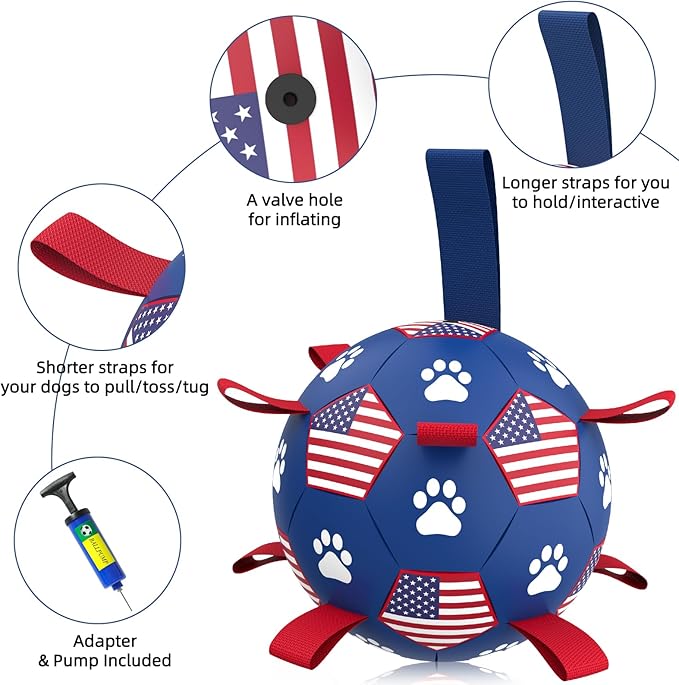 QDAN Dog Toys Soccer Ball with Straps, Durable Balls for Large Dogs, Beach Pool Dog Water Toy, Puppy Dog Birthday Gifts (8 Inch)