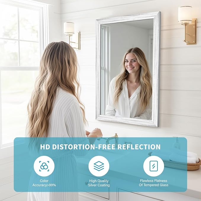 White Wood Effect Framed Wall Mirror, 20x30 Rectangle Mirror, Anti-desilvering