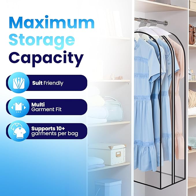 Clear Garment Bags for Clothes Storage - 4-Pack Plastic Hanging Covers and Clothing Protectors, Long Dress Suit Jacket Closet Cover Dust Proof Garment Bag Set for Organized Wardrobe Storage (40")