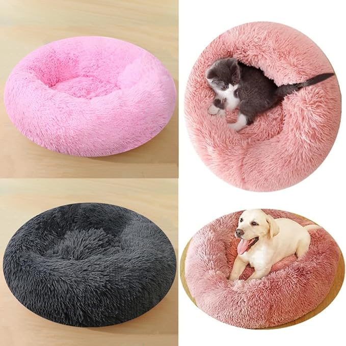 Large Calming Dog Bed, 47 Inch Anti-Anxiety Donut Dog Cuddler Cat Bed, Warming Cozy Soft Dogs Round Bed, Fluffy Faux Fur Machine Washable Pet Cushion for Medium Large Dogs & Cats (White)