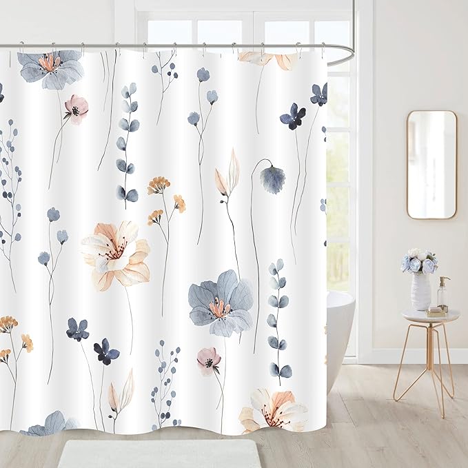 Gibelle Extra Long Shower Curtain 72 x 84, Watercolor Floral Fabric Shower Curtain, Blue Beige Flower Decorative Bathroom Shower Curtain Set with Hooks