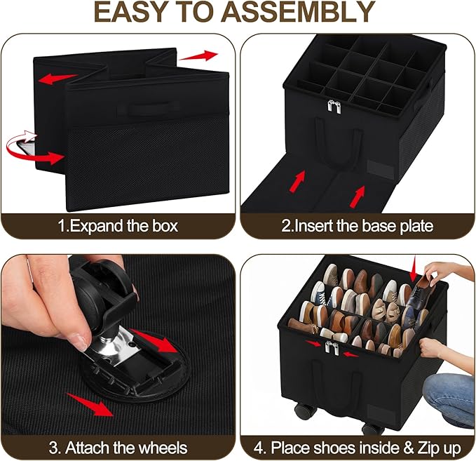 Large Shoe Organizer for Closet, Adjustable Dividers Shoe Storage Box Bins with Wheels Clear Cover Reinforced Handle Side Pocket Fits up to 16 Pairs, Foldable Shoe Organizer for Entryway Black