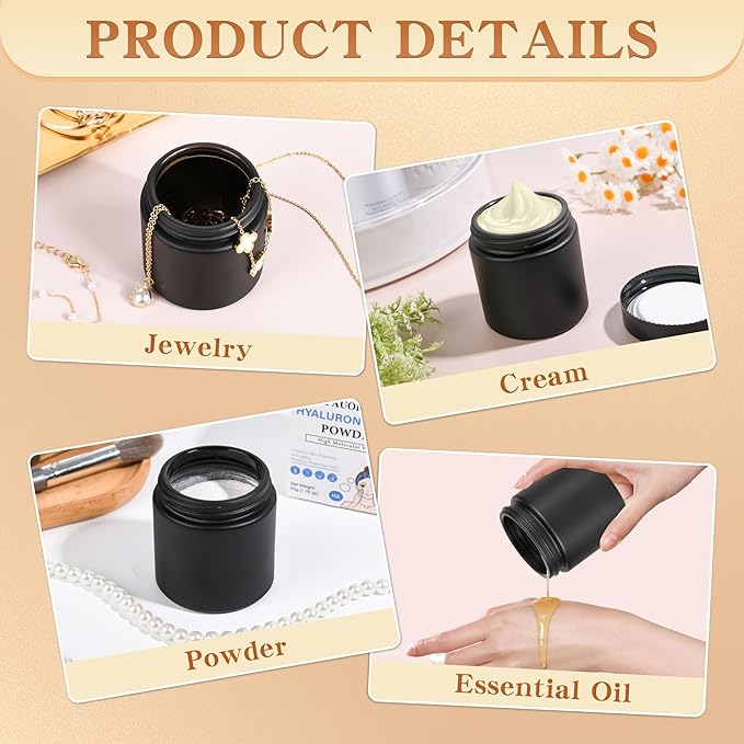 Glass Jars with Lids,Eco-Friendly Cosmetic Containers with Airtight Black Lids & Liners, Multi-Color Options for Cream, Lotion, Body Butter, DIY Skincare Travel Jars (Frosted Black, 4oz)