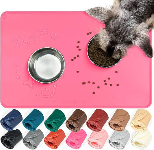 VIVAGLORY Dog Food Mat Flexmat Dog Bowl Mat, Placemat Food Tray with Raised Edges & Lip for Indoor Floor, Non Slip Waterproof Silicone Dish Placemat for Cat & Pet, S, Pink