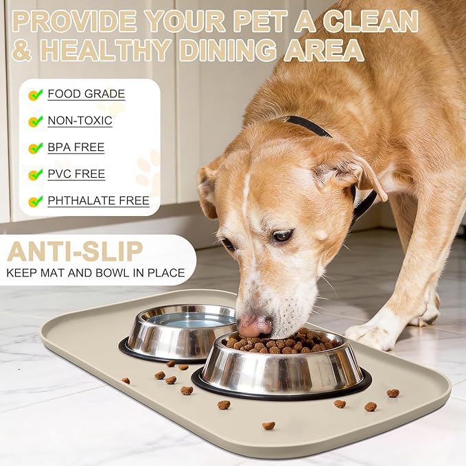 Silicone Pet Food Mat with Raised Edge for Food and Water Bowl, Dog Feeding Mats, Cat Food Trays for Floor Waterproof, Rubber Tray for Dogs and Cats, 22 x 14 x 0.8 Beige