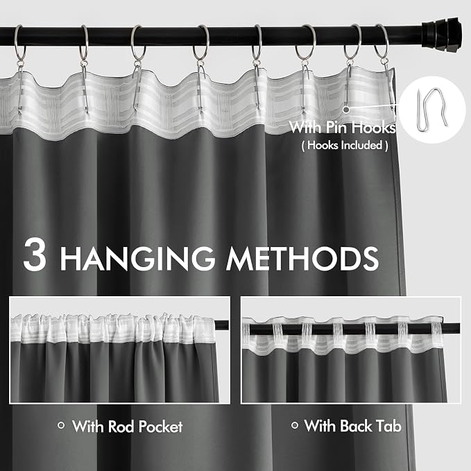 MIULEE Back Tab Grey Blackout Curtains 108 Inch Long 2 Panels Set