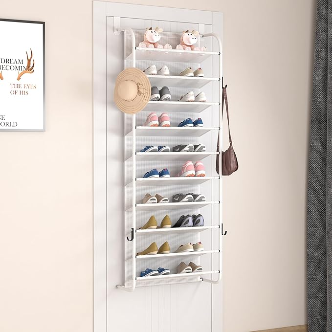 10 Tier Shoe rack Hanging Shoe Storage the door shoe rack for Closet Pantry Over The Door Shoe Organizer Wall Floating Shelves (White, 10 Tier)