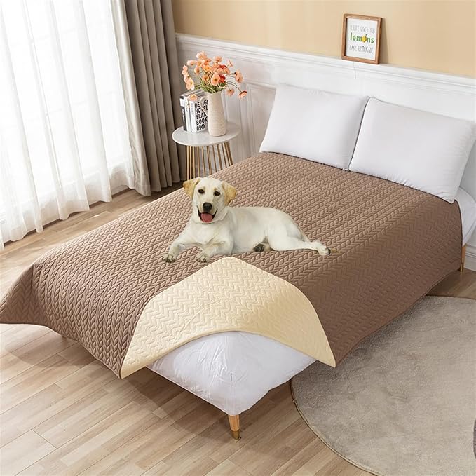 GIBZ Waterproof Dog Bed Cover Anti Slip Pet Furniture Protector Washable Blanket Large Soft Quilted Mat, Brown, 260x210cm