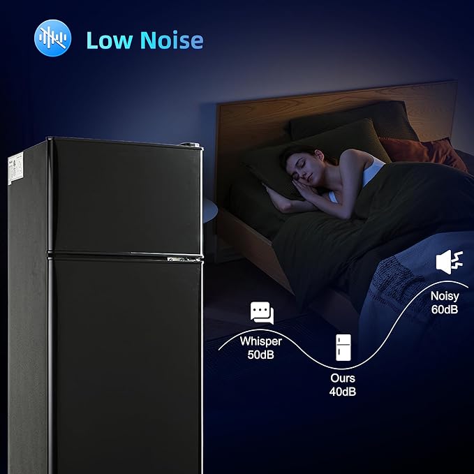 Mini Fridge with Freezer, 4.0 Cu. Ft. Double-Door Mini Refrigerator with 7-Level Adjustable Thermostat & Adjustable Glass Shelves, Compact Dorm Fridge 37 dB Low Noise for Bedroom, Apartment, Black