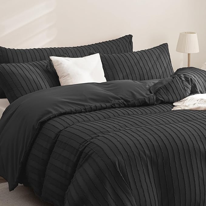 JELLYMONI Duvet Cover King Size Black - 3PCS Boho Striped Duvet Cover Set Polyester Tufted Bohemian Textured Comforter Cover with Corner Ties & Zipper Closure
