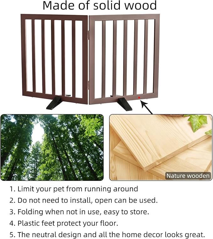 ZJSF Freestanding Indoor Dog Gate for House Foldable Wood Puppy Gate for Doorways Pet Gate for Stairs Extra Wide Pet Fence, Brown, 24" Height 2 Panels