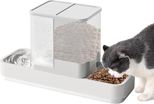 Yummy Sam Automatic Small Pet Feeder and Water Dispenser, 2 in 1 Gravity Cat Auto Pet Feeder and Waterer Set Feeder Dish for Small Medium Pets Dog Puppy Kitten (White)
