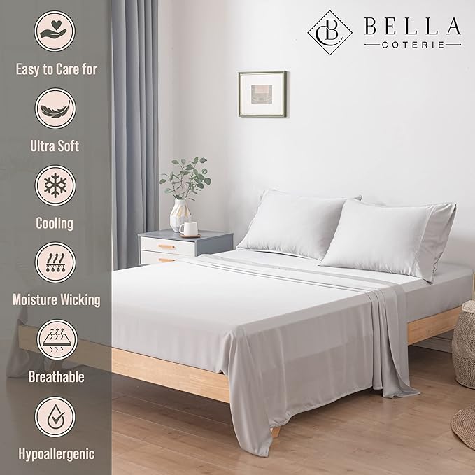 Bella Coterie Luxury Bamboo Viscose Twin XL Size Sheet Set | 100% Organically Grown | Ultra Soft | Cooling for Hot Sleepers | 18" Deep Pocket [Grey Mist]