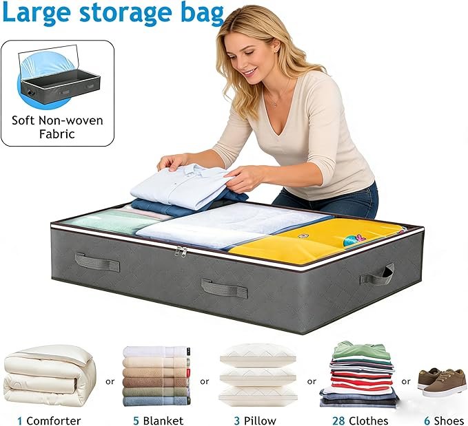 Under Bed Storage Bags with Clear Window, 90L, 4 Pack – Grey