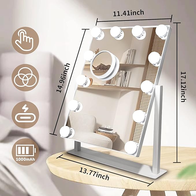 Hollywood Vanity Mirror with Lights, 12 Dimmable LED Bulbs Lighted Makeup Mirror with Detachable 10X Magnification Mirror, 1000mAh Rechargeable, 3 Color Lights, Touch Control