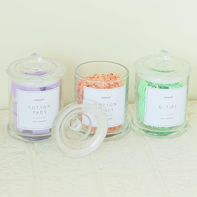 3 Pack Qtip Holder Dispenser, 16oz Bathroom Organizer and Storage Canisters, Glass Apothecary Jars with Lid - Home Decor, Room Decor Aesthetic(Transparent)