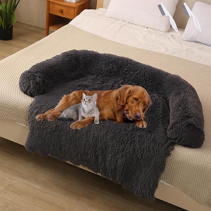 Dream Cloud Pet Sofa Bed for Dogs Cats, 2026 Washable Removable Calming Fluffy Plush Mat for Furniture Protector, Long Fur Non-Slip, for Small/Medium/Large Home Pets (Black, S：27.6 * 24in)