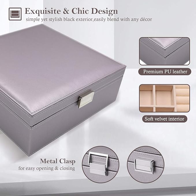 ProCase Jewelry Box for Women, 2 Layers Large Leather Jewelry Organizer Storage Case with Removable Pad for Earrings -Pearlizedsilver