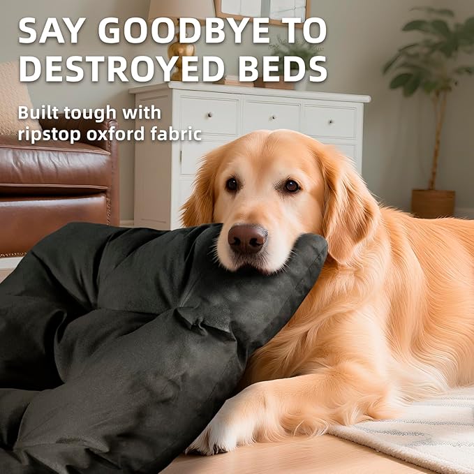 Chew Resistant Dog Bed for Small/Medium Dogs - Durable 29”x18” Kennel Pad with Soft Plush Filling, Machine Washable Crate Mat for Aggressive Chewers, Indoor Outdoor Pet Bed, Black