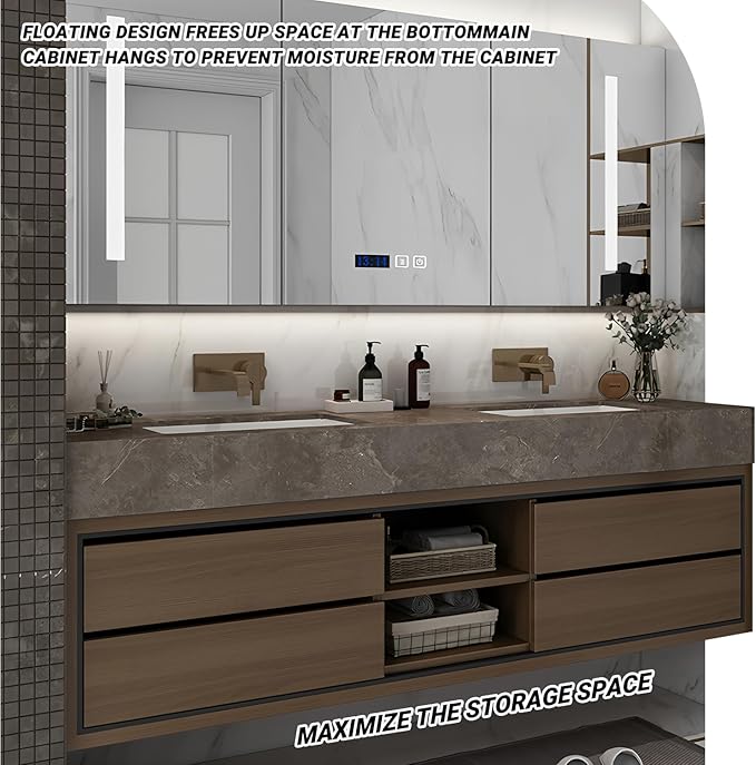 56IN Double Sink Bathroom Vanity, Floating Modern Bathroom Vanity Include Smart Defog Mirror Cabinet with LED Light, Solid Wood Vanities with Integrated Sink and Drawers Storage