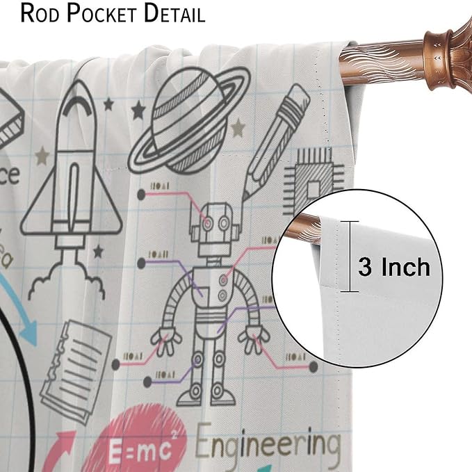 Science Symbols Kids Curtain Sketches Cartoon Chemistry Physics Geometry Education Pattern Print Window Drapes for Bedroom Living Room Kitchen Decor,2 Panel Set,72x63 Inch Blackout