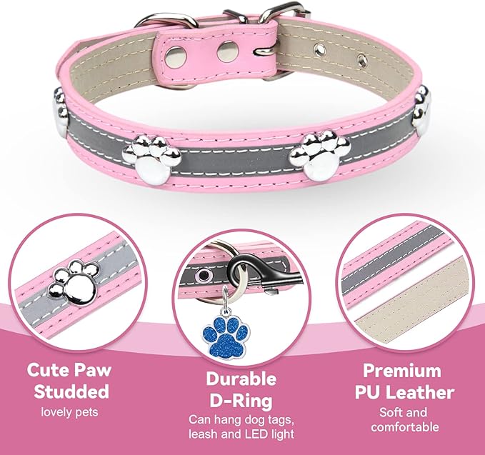 PETCARE Reflective Dog Collar with Cute Paw Rivet Studded Funny Soft PU Leather Adjustable Puppy Dog Collars for Small Medium Large Dogs Cats (Pink,XX-Large)