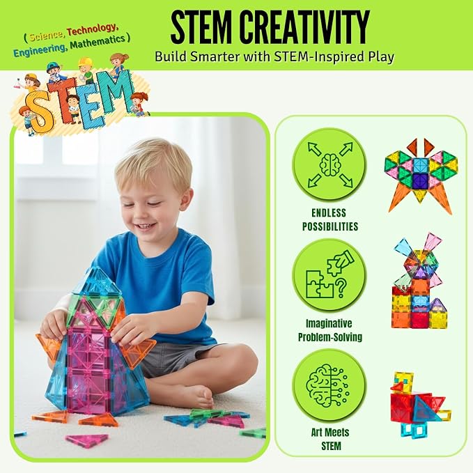 Magnet Tiles for Kids 136 PCS with 2 Cars Bases, STEM Magnetic Tiles for Toddlers, Educational Learning Toys for Ages 3-12, Magnetic Building Tiles for Preschool, Creative Play Set for Kids
