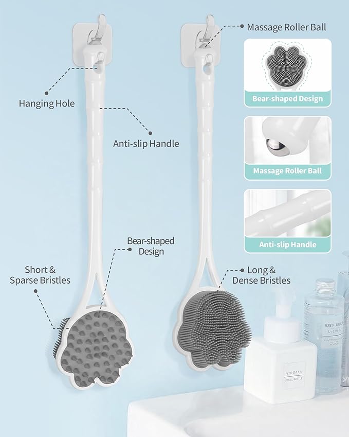 Manmihealth 15.7" Cute Silicone Body Scrubber & Soft Shower Brush Face Scrubber Set (3 PCS), Paw-Shaped Silicone Back Brush & Body Facial Scrubber with Super-Soft Bristles Combination(GraySet)