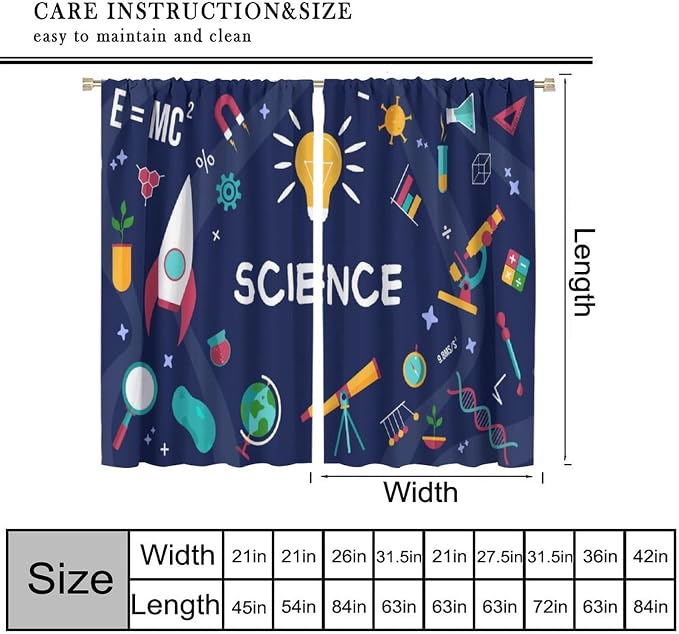 Science Symbols Kids Curtain Sketches Cartoon Chemistry Physics Geometry Education Pattern Print Window Drapes for Bedroom Living Room Kitchen Decor,2 Panel Set,52x84 Inch Blackout