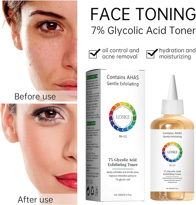 7% Glycolic Acid Face Exfoliating Toner for Clear Skin, Pore Minimizer, Radiant Complexion Enhancer, Daily Use Gentle Formula Suitable for All Skin Types