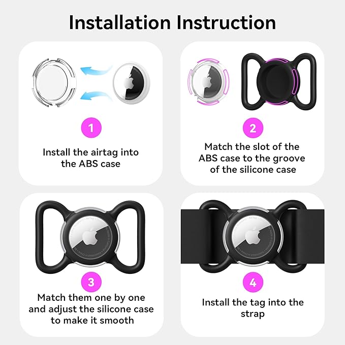 Waterproof Airtag Dog Collar Holder, Silicone & ABS Airtag Holder for Dog & Cat Collars, Ultra-Durable, Lightweight and Protective Airtag Case (Black & Rose, Large)