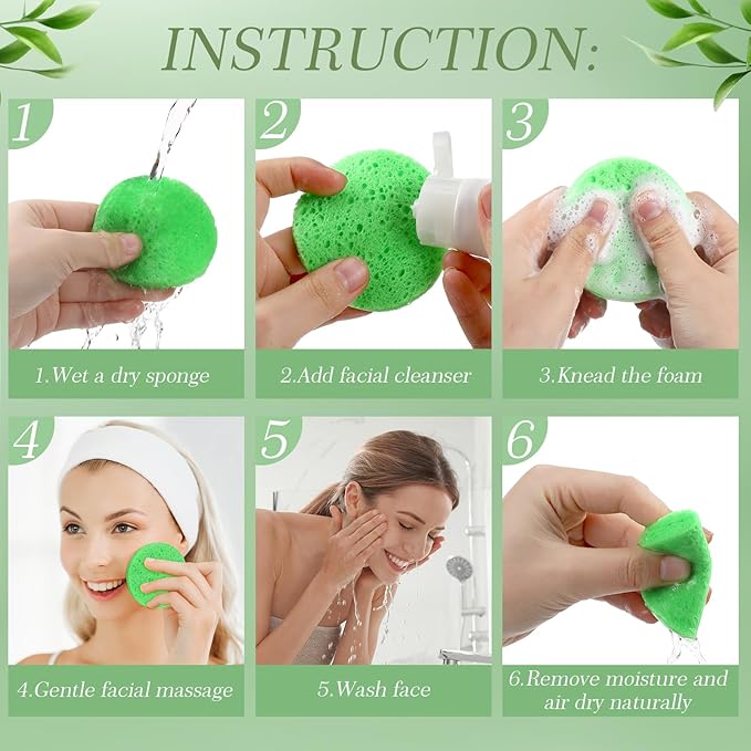 120 Pcs Compressed Facial Sponges Natural Face Exfoliator Disposable Face Sponges for Cleansing Round Soft Facial Scrubber Pads with Storage Container for Makeup Removal Travel (Green)