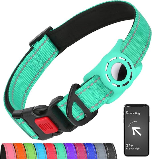 Airtag Dog Collar with AirTag Holder for Large Dogs, Reflective, Soft Padded & Safety Locking Buckle, Nylon Pet Collars Adjustable for All Breeds, Teal,XL