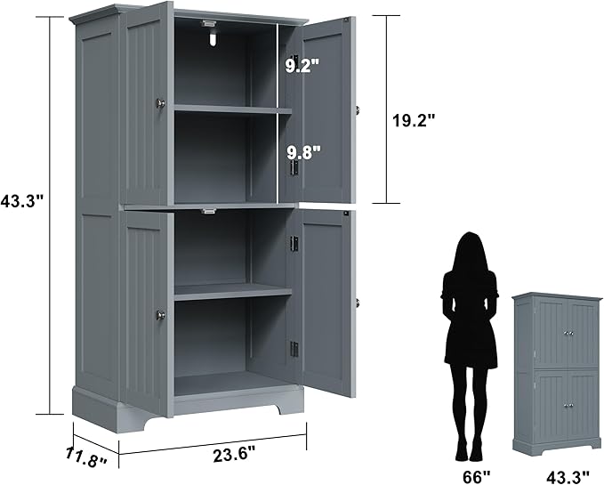 ChooChoo Bathroom Floor Cabinet, Modern Bathroom Storage Cabinet with 4 Doors and Adjustable Shelves, Freestanding Cupboard for Living Room, Grey