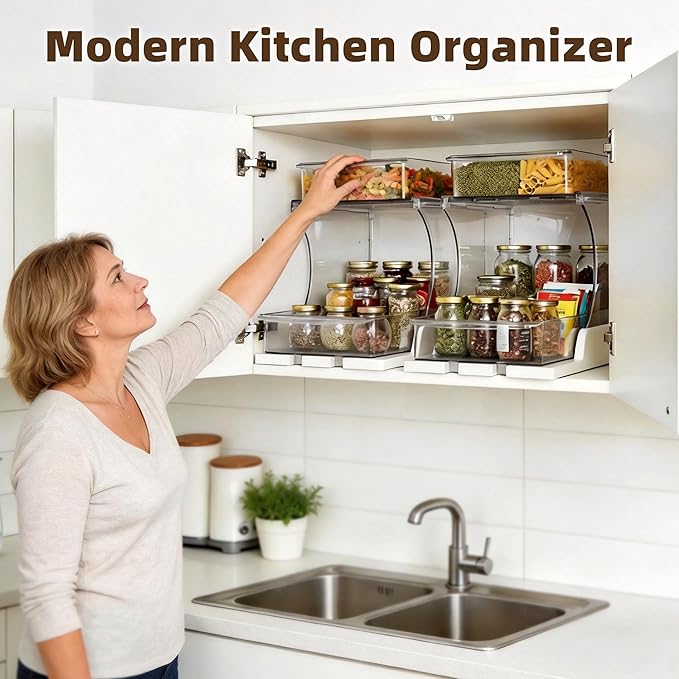 Spice Rack Organizer for Cabinet 2pcs, 2 Tier Countertop Shelf Organizer with Pull Out Rotating Bottom Shelf, Acrylic Kitchen Spice Organizer for Pantry, Counter and Cabinet Storage