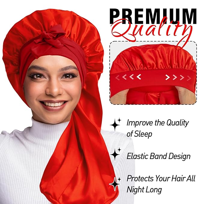 2Pcs Bonnets for Black Women Braid Bonnet, Large Long Satin Bonnet for Braids, Silk Bonnet with Stretchy Tie Band Sleep Cap Hair (2Pcs-Black&Red)