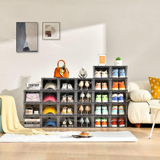 10 Pack Shoe Boxes Stackable,Upgraded Sturdy Storage Boxes with Clear Magnetic Door,Multifunctional Sneaker Organizer Fit up to US Size 12 (13.8”x 9.84”x 7.1”)