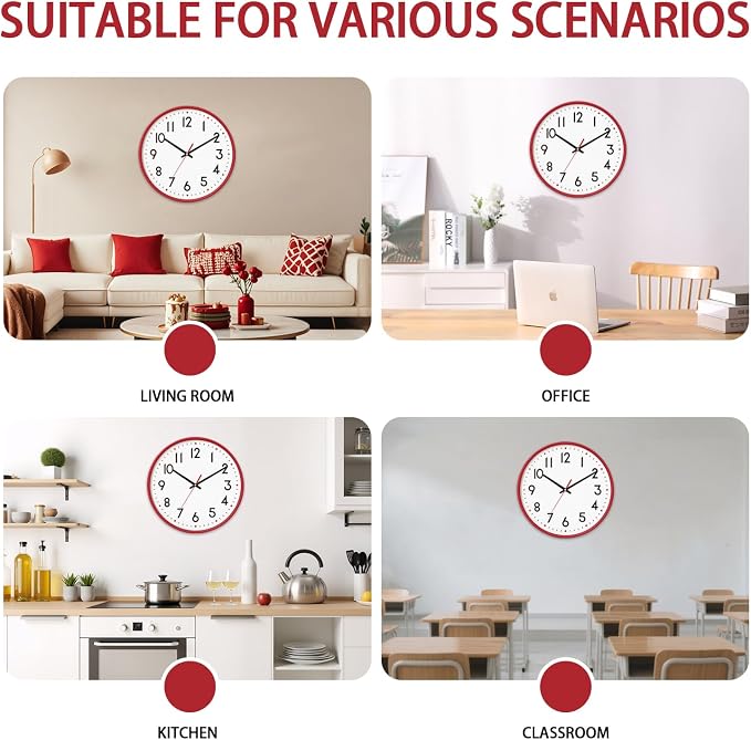 HZDHCLH Wall Clock Red, Silent Wall Clocks Battery Operated 8 Inch Modern Non