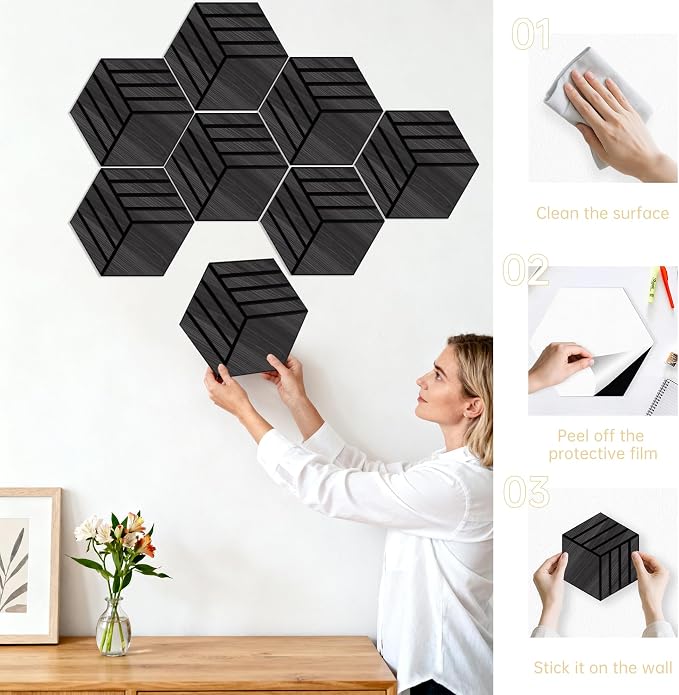 Mollywell Acoustic Panels, PVC Wood-Grain, 14x12 Inch Hexagon Carved Sound