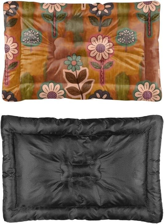 Vintage Floral Brown Cusion Dog Bed Medium Dog Comfort Bed Mat Pet Small Crate Pad Cushion for Crate Washable Non-Slip Washable for Mattress Kennel Pillow Dogs Indoor Outdoor 36X24 Inch