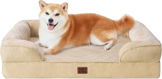 EHEYCIGA Orthopedic Dog Beds for Large Dogs, Waterproof Memory Foam Large Dog Bed with Sides, Non-Slip Bottom and Egg-Crate Foam Pet Couch Bed with Washable Removable Cover, Greige