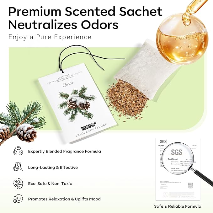 MYARO 12 Packs Cedar Scented Sachets for Drawer and Closet, Fresh Scents Drawer Deodorizers Long Lasting Air Freshener for Home Car House Fragrance