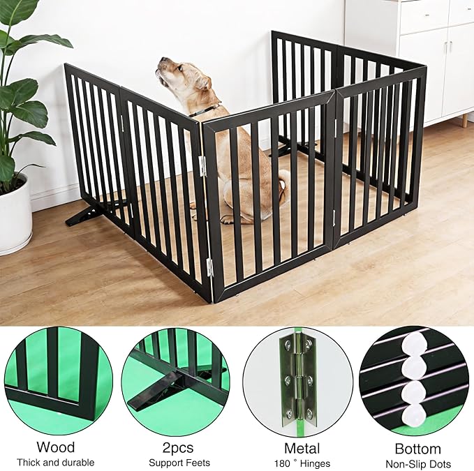 Dog Gate Indoor, Freestanding Dog Fence for The House, Doorways, Hallways,or Stairs,Pet Gate Foldable Wooden,Expandable 24" Height 6 Panels,Black