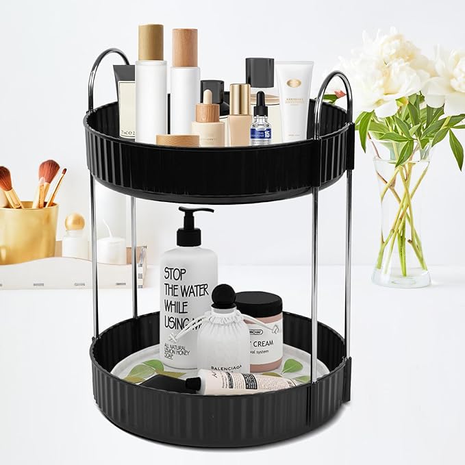 Rotating Makeup Organizer Countertop 2 Tier Lazy Susan Trays Spinning Skincare Perfume Storage for Bathroom Counter Vanity, Black