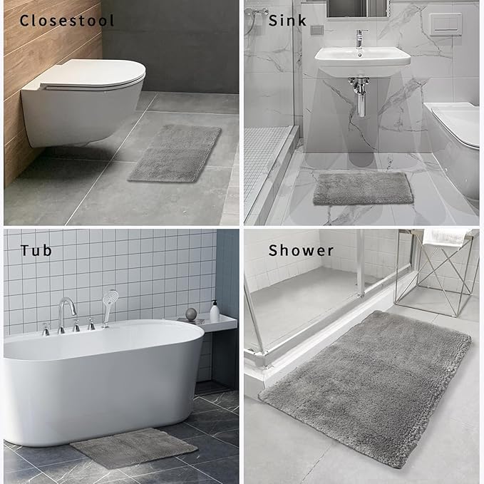 FIFU Bathroom Rugs 17" W x 24" L, Bath Mat for Bathroom, Bedroom, Laundry Room & Kitchen, Non-Slip Rubber Latex Backing, Extra Soft and Absorbent Microfiber Carpet, Machine Washable Rug, Silver Gray